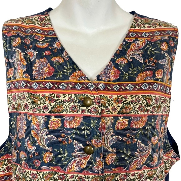 Liz Wear Claiborne Vintage Floral Paisley Blue Vest 100% Cotton Button Down sz L - Picture 2 of 16